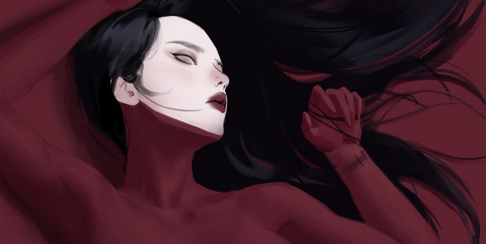 Artwork of a woman with dark hair and red skin