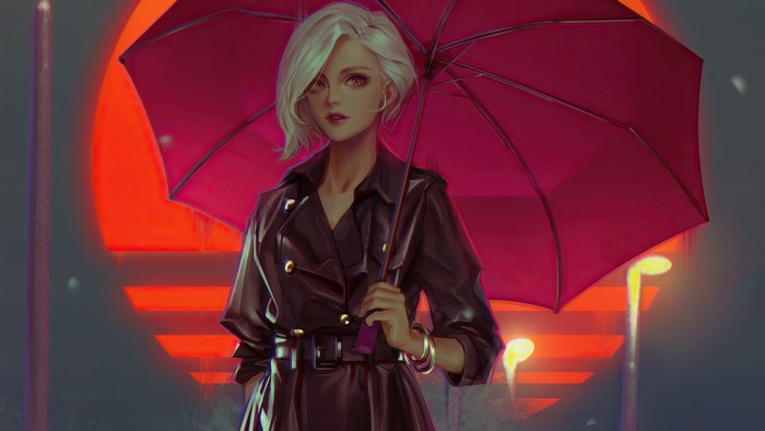 Woman with white hair holding a red umbrella