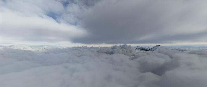Microsoft Flight Simulator 2020 ultrawide Cessna jet flying through clouds