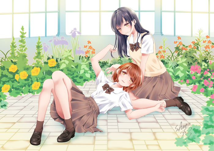 Two anime schoolgirls in a garden