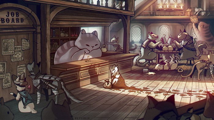 Cats in a fantasy tavern with a job board