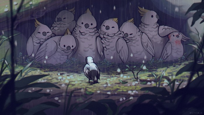 A group of cockatoos sheltering from the rain