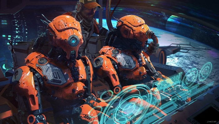 Robots and pilot in a spaceship cockpit overlooking a planet