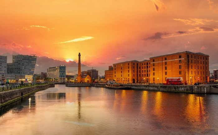 Albert Dock Liverpool cityscape at sunset