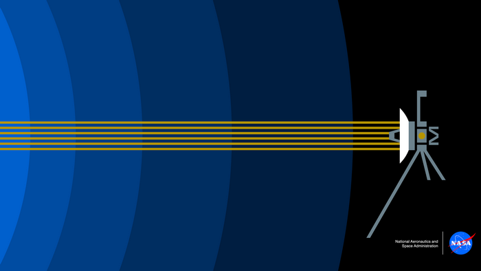 Voyager spacecraft emitting golden waves against a blue and black background with NASA logo
