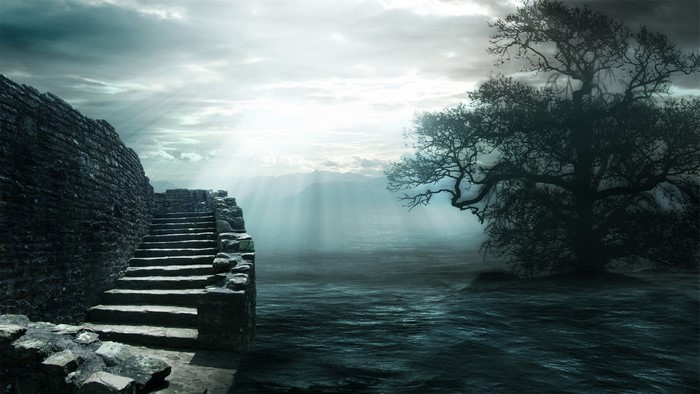 Stone stairs leading to the sea with a bare tree