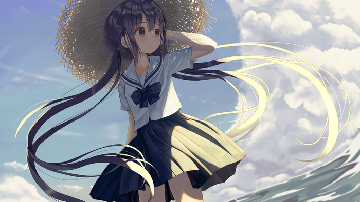 Anime girl in school uniform with straw hat