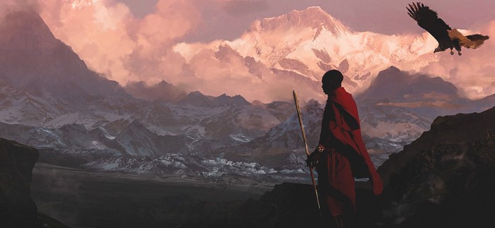 Man in red cloak with staff and eagle over mountains