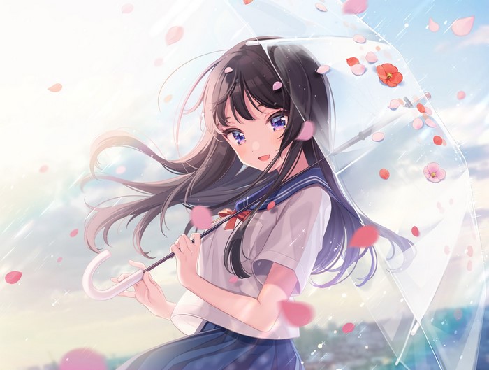 Shigure Ui holding an umbrella with petals falling
