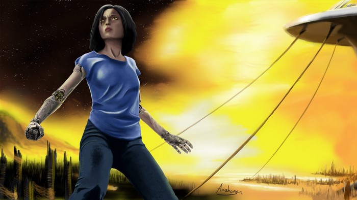 Alita: Battle Angel fan art with cyborg and futuristic city