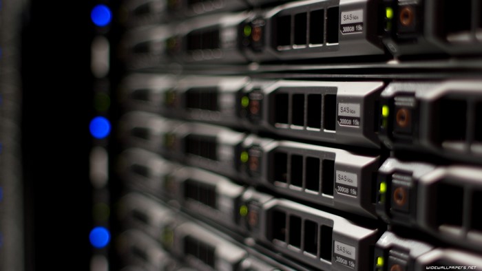 Server racks with SAS hard drives in a datacenter