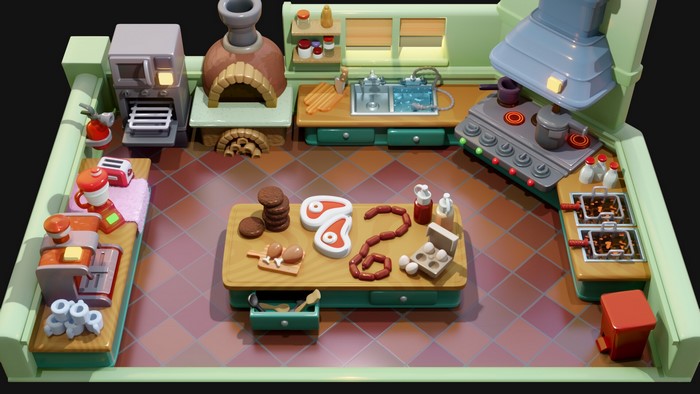 Cartoon kitchen with food and cooking appliances