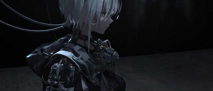 Anime cyborg girl with white hair and green eyes
