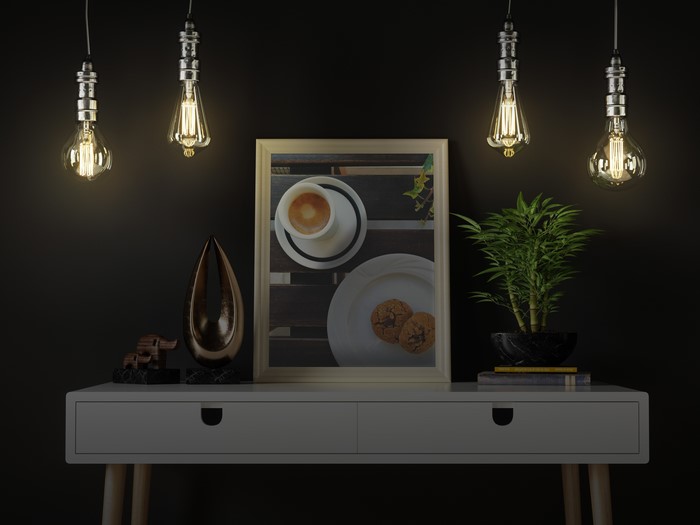 4K interior with light bulbs and picture frames