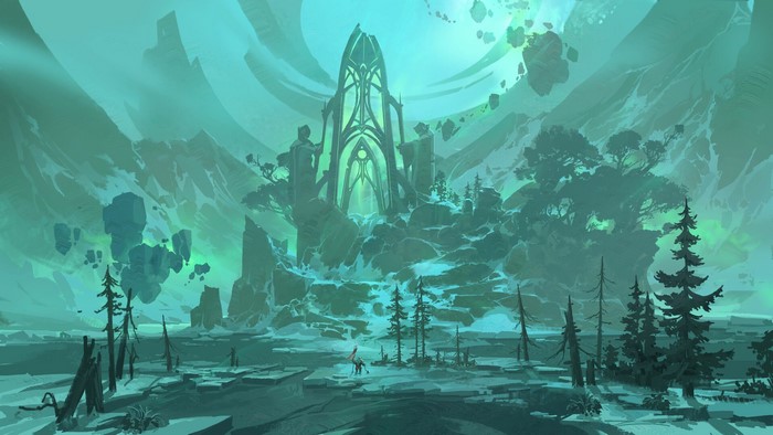Fantasy landscape with floating islands and ancient ruins