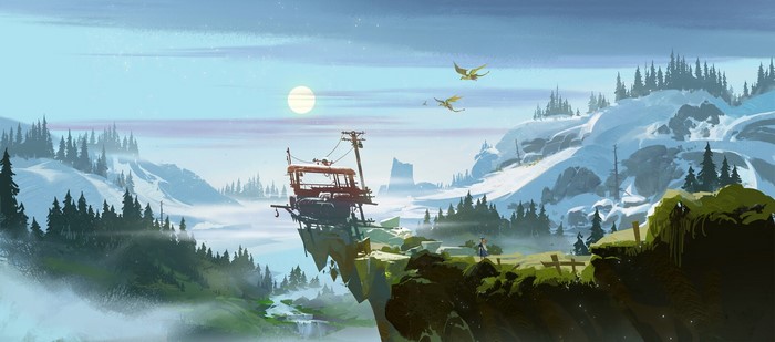 Fantasy landscape with dragons flying over a cliffside ruin