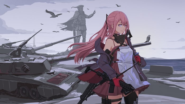 Anime girl with pink hair and weapons near tanks