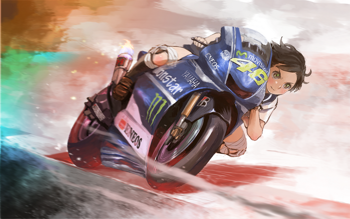 Anime girl riding a Yamaha motorcycle