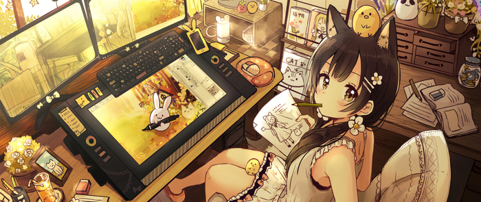 Anime girl with animal ears drawing at desk