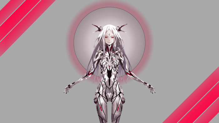 Anime girl with white hair and cybernetic suit