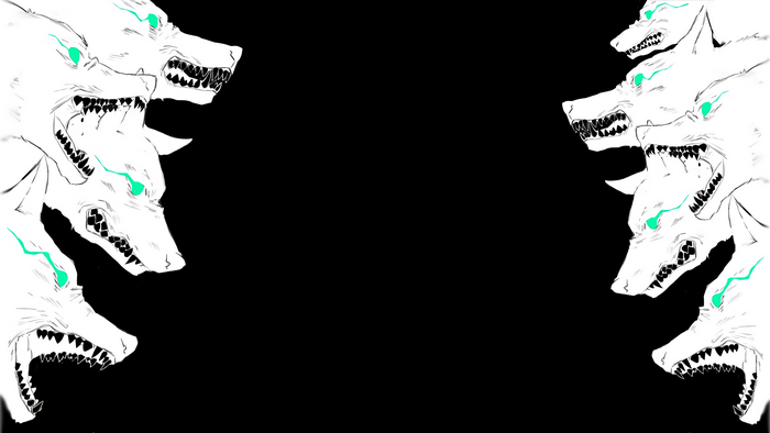 Multiple snarling white wolf heads with glowing green eyes