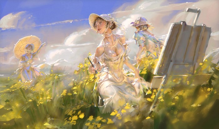Women painting in a field of yellow flowers