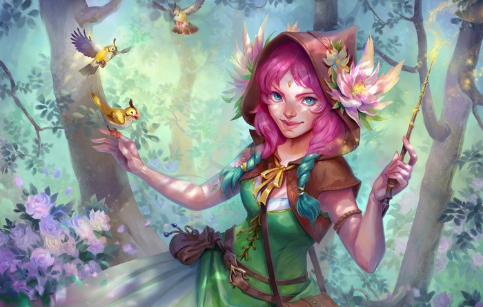 Fantasy girl with pink hair and birds in a forest