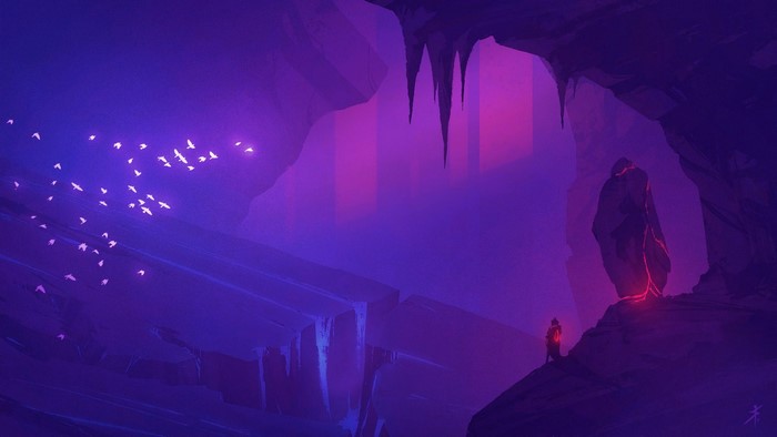 Fantasy cave with glowing rock and flying birds