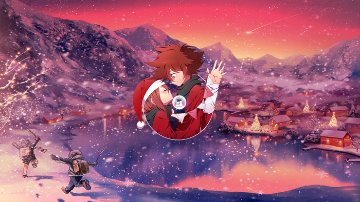 Anime couple in Santa hats with snow village background