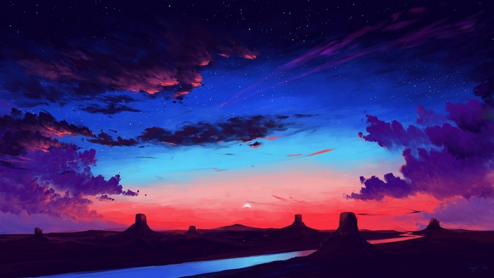 Digital art landscape of a desert at sunset with stars
