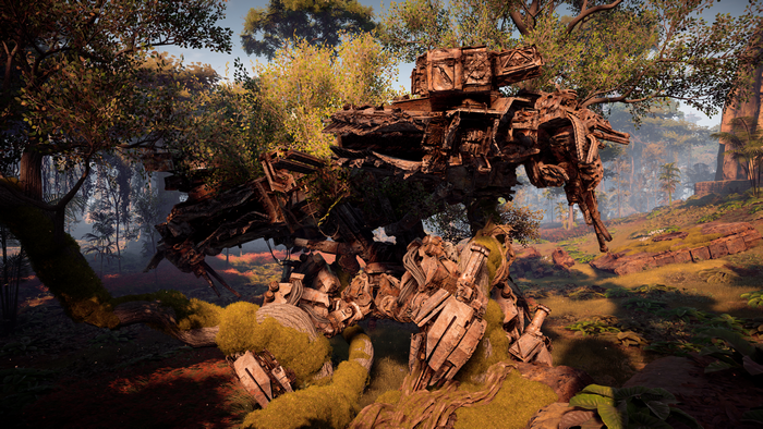 Overgrown machine wreck in Horizon Zero Dawn