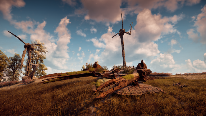 Wrecked wind turbines and machinery in Horizon Zero Dawn
