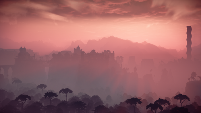 Horizon Zero Dawn landscape with mountains and mist