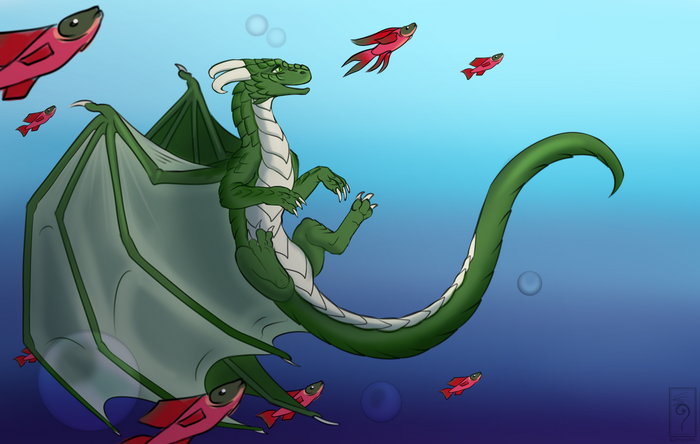 Green dragon swimming with red fish underwater