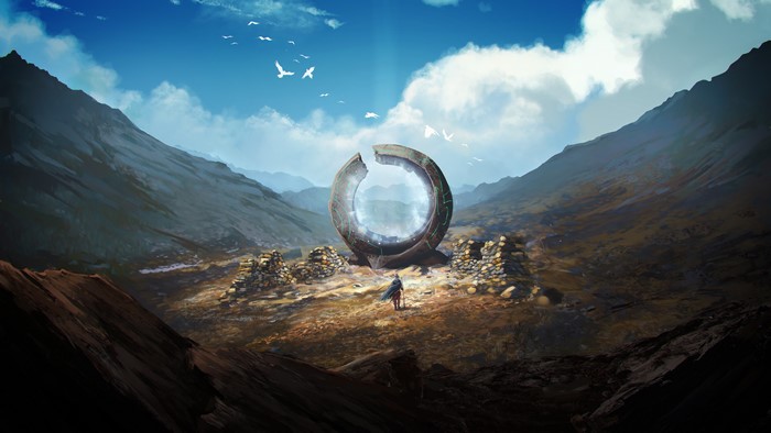 Traveler approaches a broken portal in a mountain valley