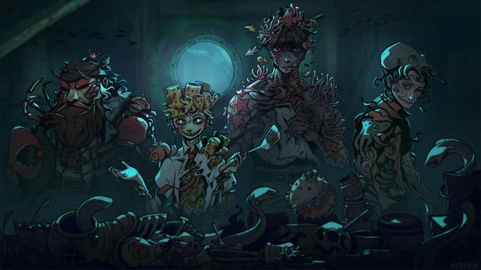 Four mutated sea creatures in a dark underwater setting