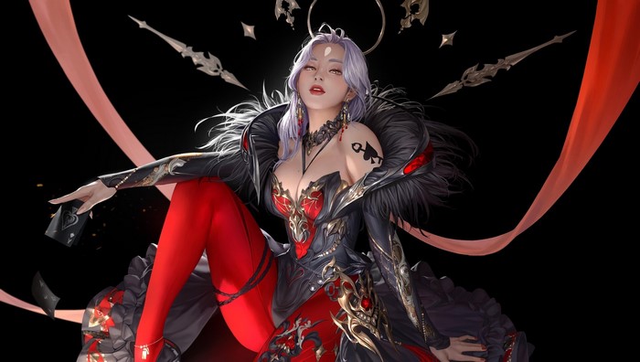 Fantasy art of a woman with purple hair and red attire