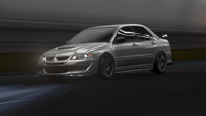 Silver Mitsubishi Lancer Evolution driving in tunnel