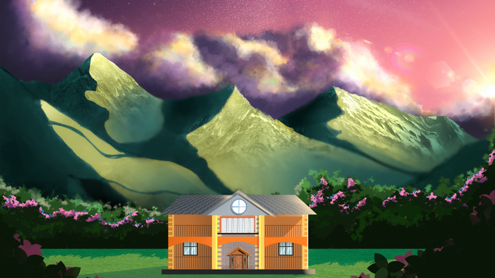 Artwork of a house in front of mountains at sunrise