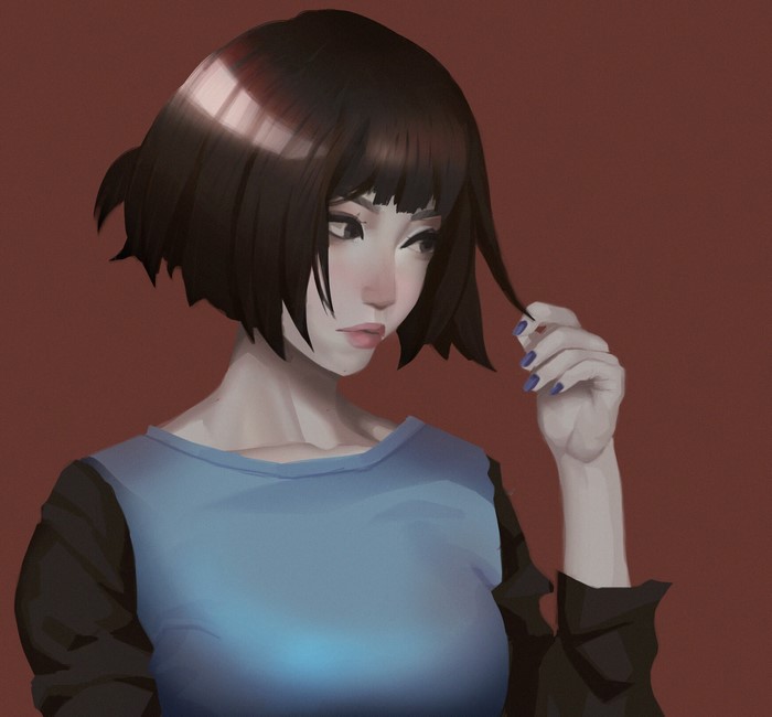 Anime girl with short brown hair and blue shirt