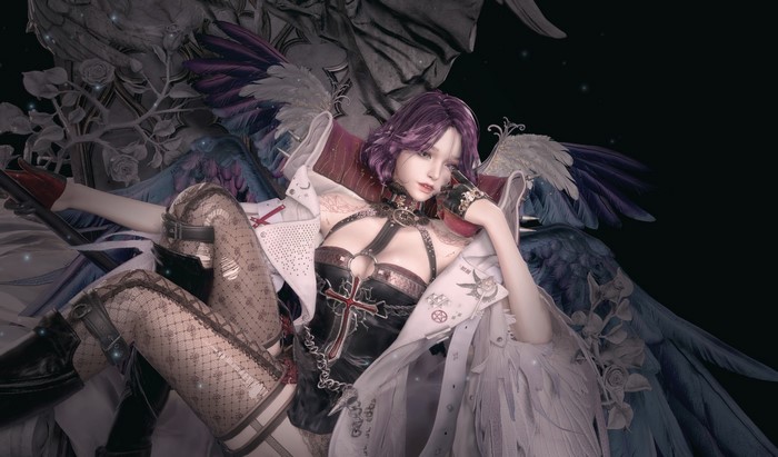A woman with violet hair and wings from Dungeon Fighter Online