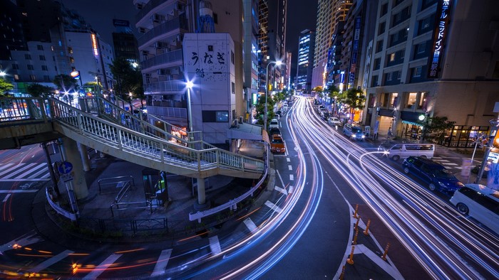 Long exposure of a busy street in Japan at night