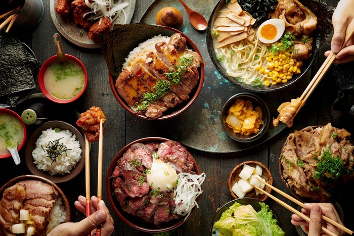 Japanese Food Spread with Ramen, Rice Bowls, and Miso Soup
