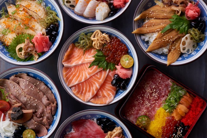 Assortment of Japanese Donburi bowls and bento