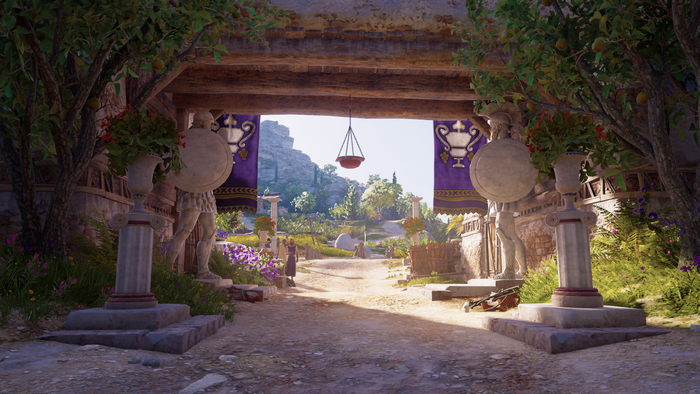 Ancient Greek statues and banners at a sunlit pathway