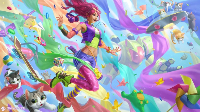 Girl with headphones and cats in a colorful explosion