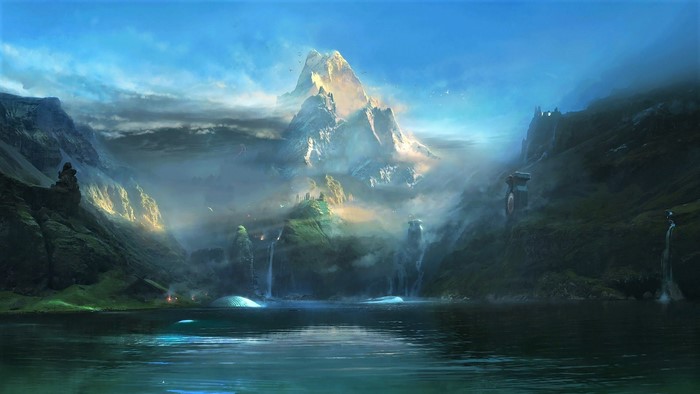 Fantasy landscape with mountains and a lake