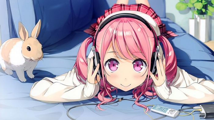 Anime girl with pink hair and headphones with a rabbit