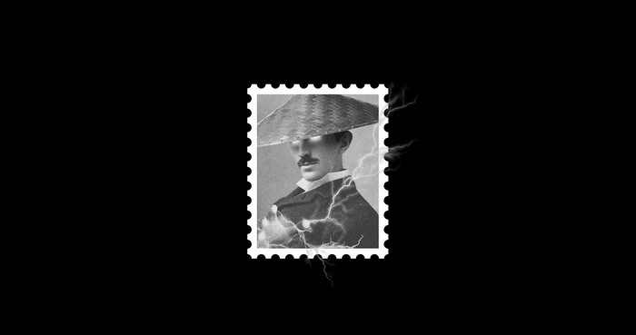 Nikola Tesla with lightning in a stamp