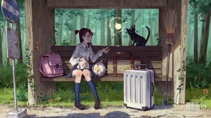Akko Kagari from Little Witch Academia at a bus stop